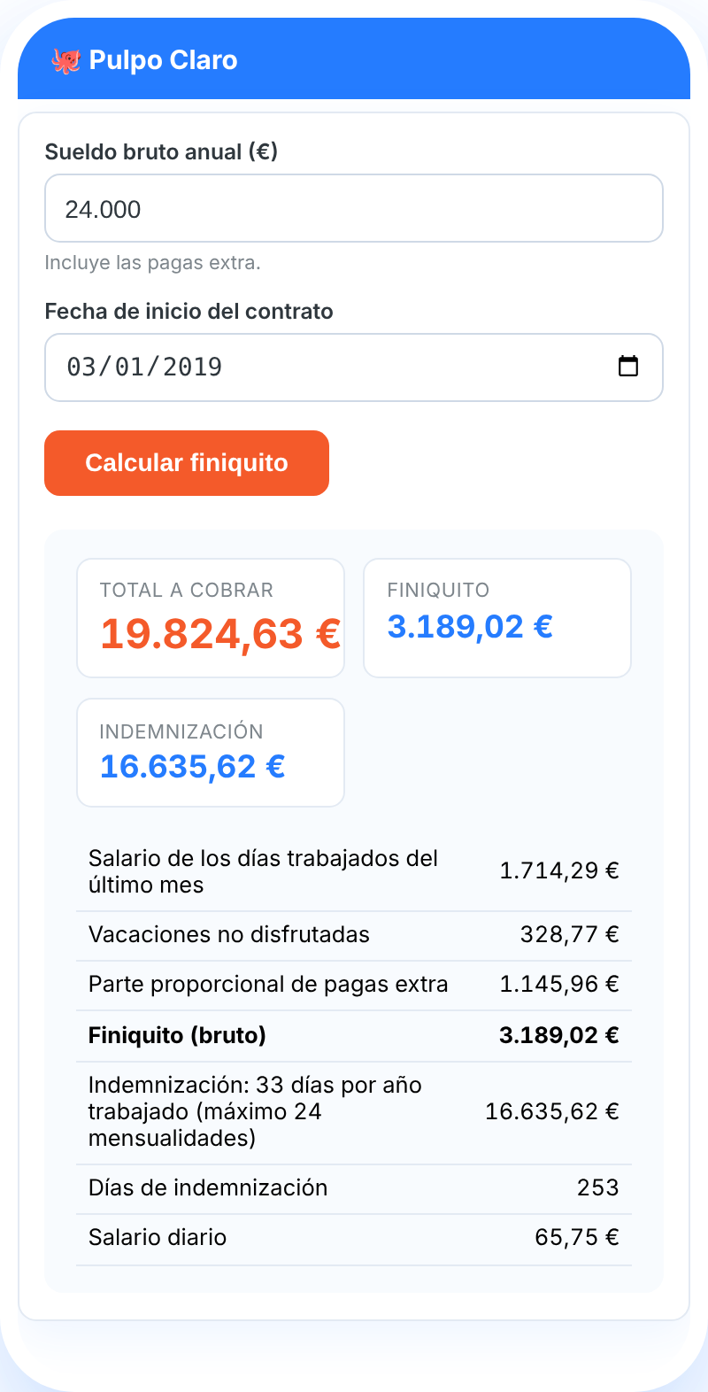 Calculadora de finiquito de Pulpo Claro