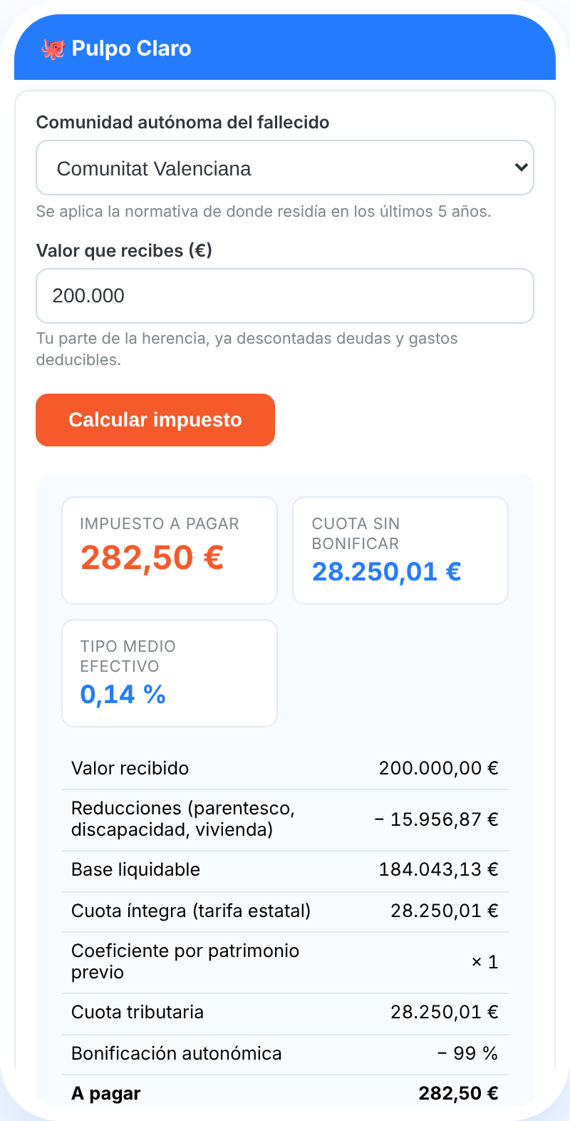 Calculadora de sucesiones de Pulpo Claro