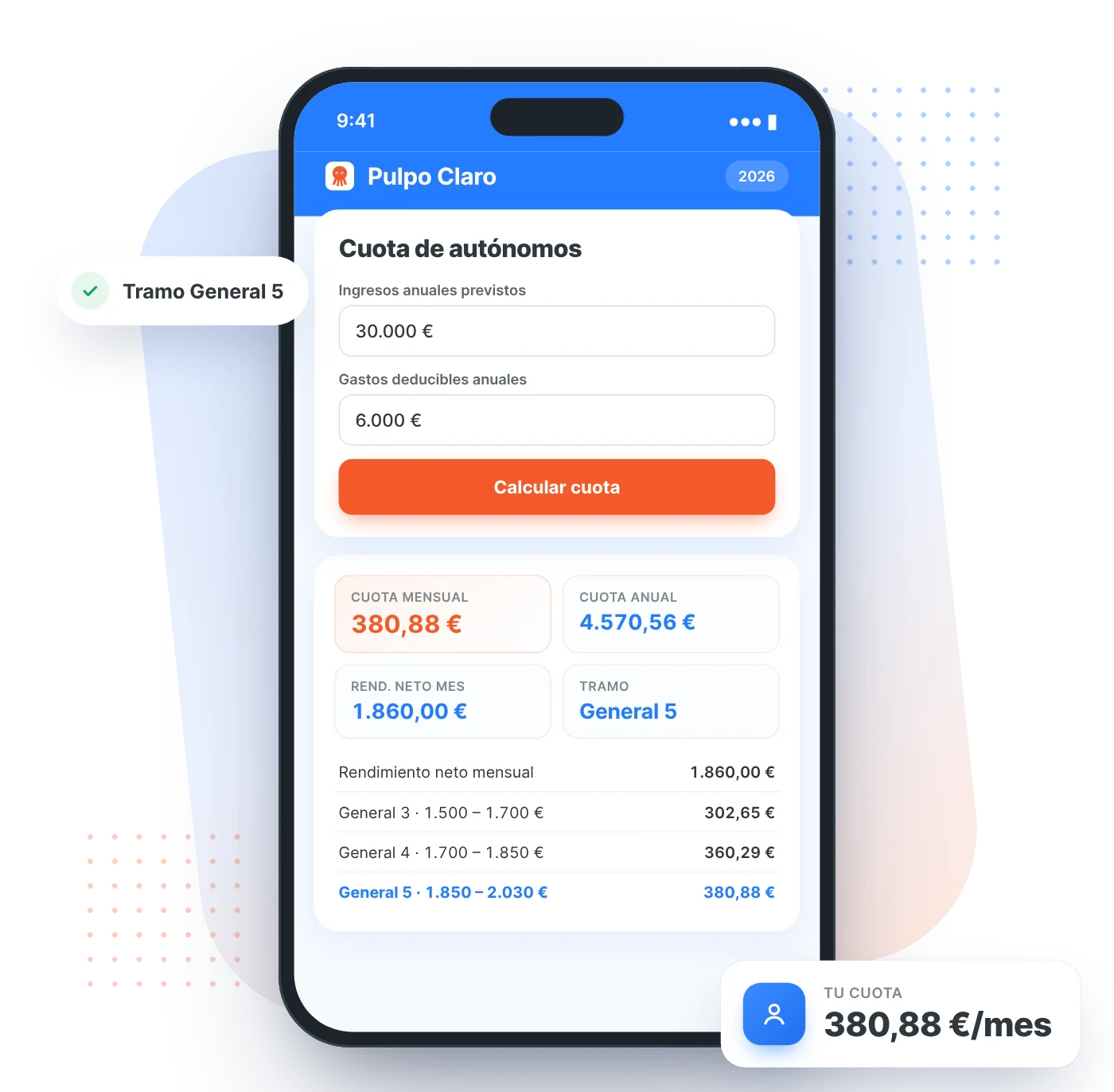 Calculadora de la cuota de autónomos por tramos en un móvil