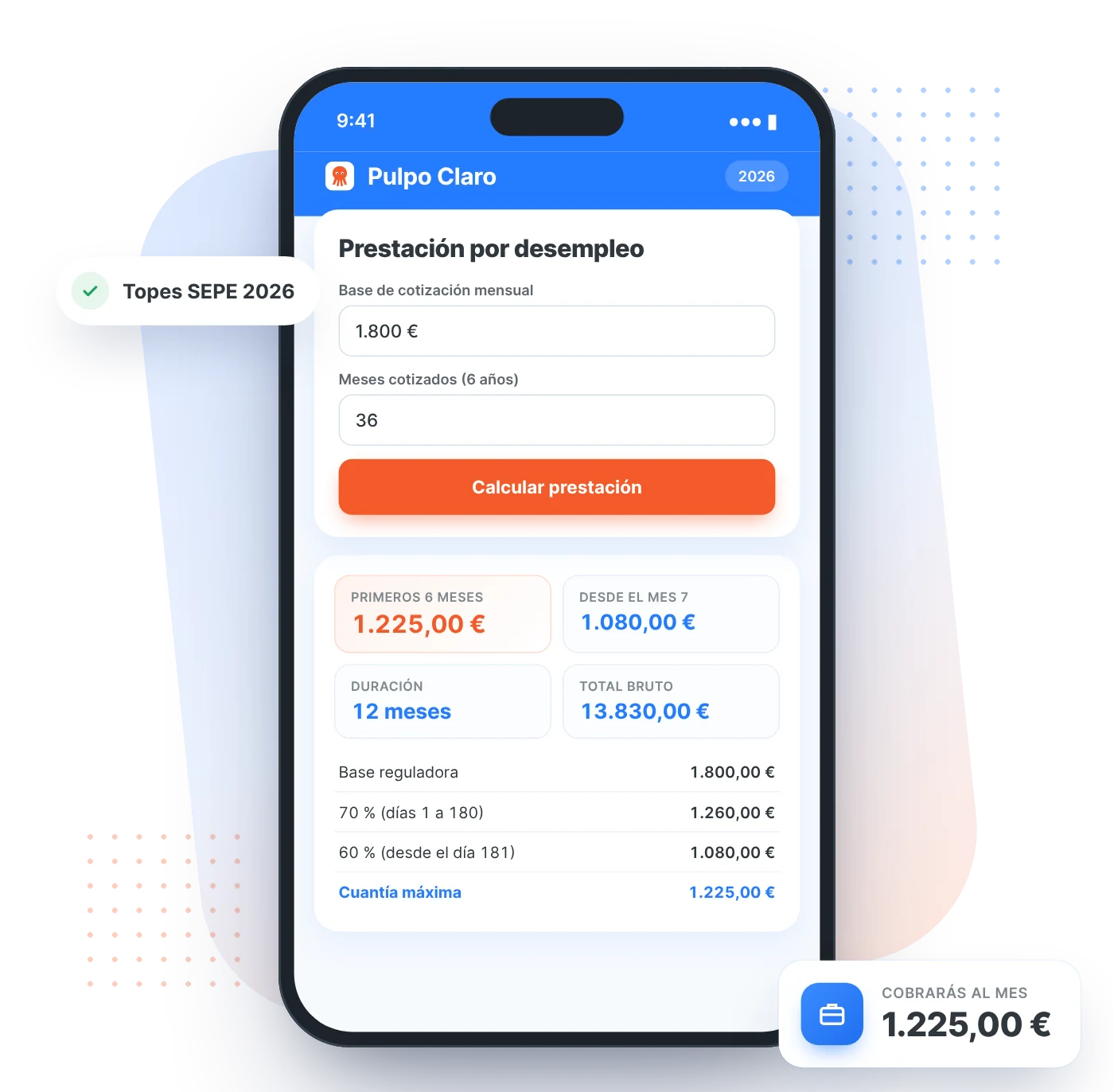 Calculadora de la prestación por desempleo (paro) en un móvil
